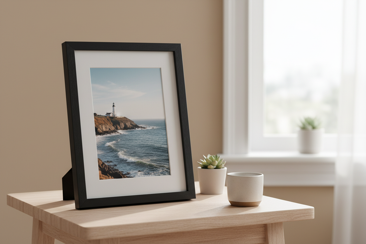 een A4 foto ingekaderd op een klein tafeltje 