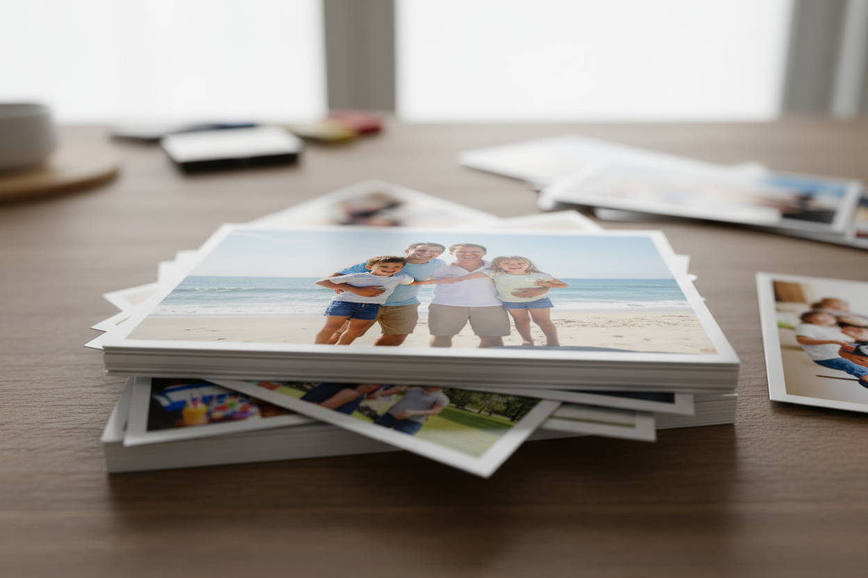 een stapeltje foto's van 10x15cm met paar familiekiekjes