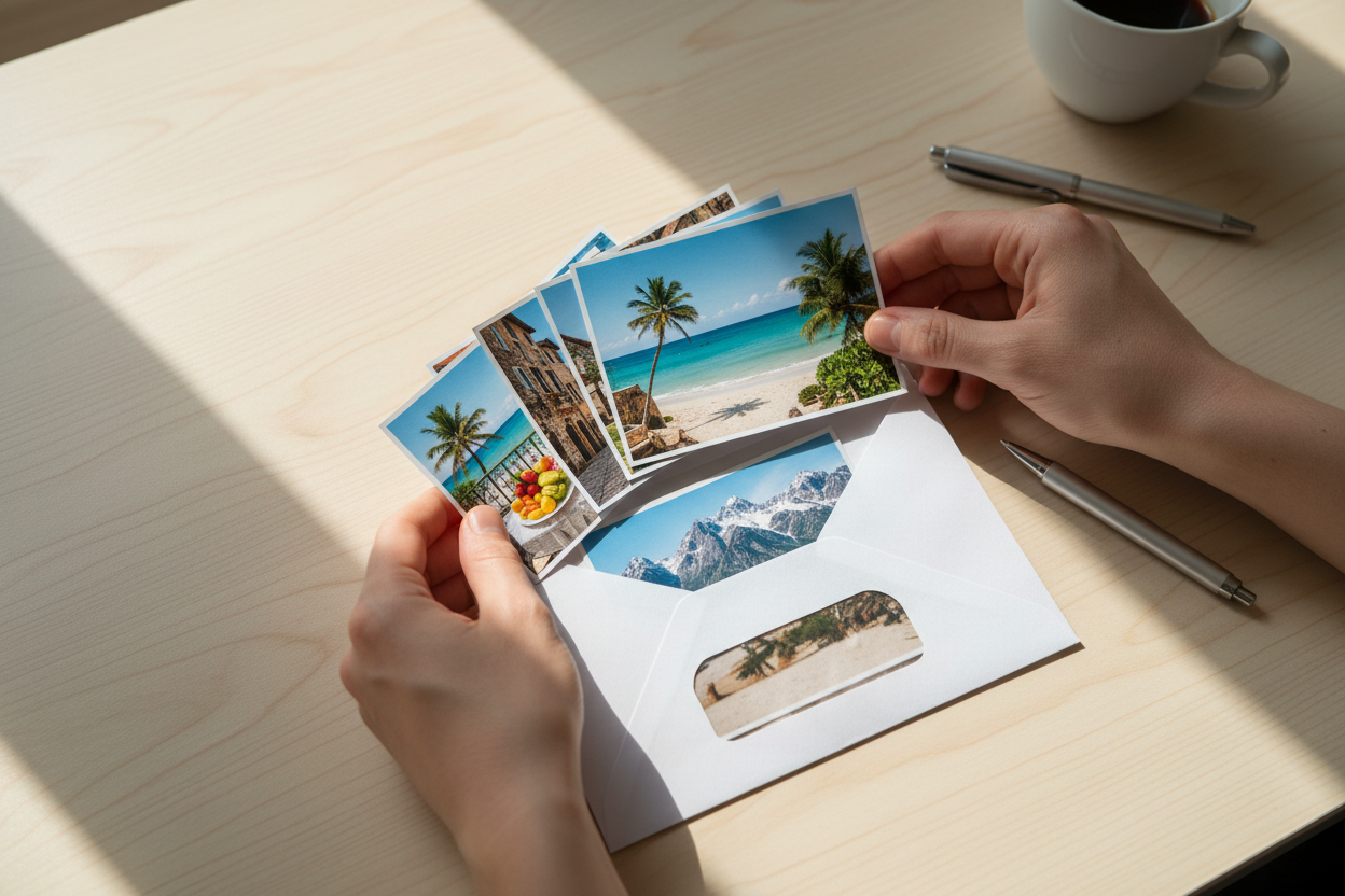 toon een bundel van vakantiefoto's op formaat van 10x15cm die door een handen worden klaargemaakt om in een enveloppe te steken